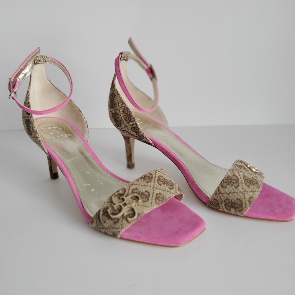 Classic Guess Monogram Logo Sandal Heels Sling Back Buckle Dressy Feminine Pink